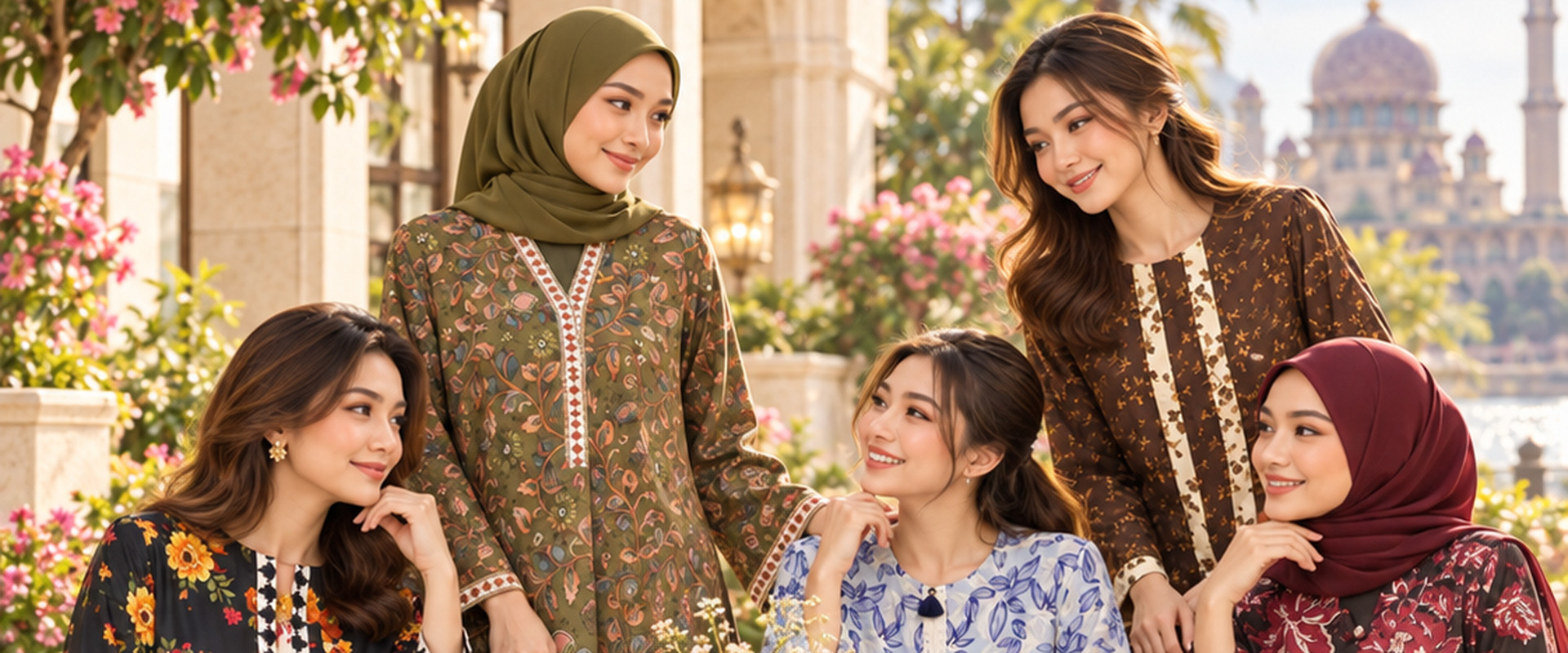 Friends sharing tea in a garden wearing printed sets