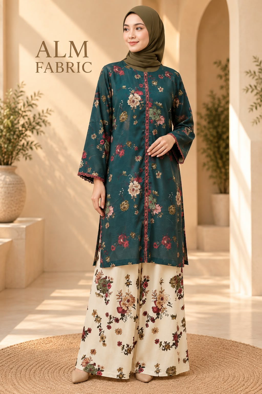 Model wearing a teal floral top with cream floral wide-leg trousers