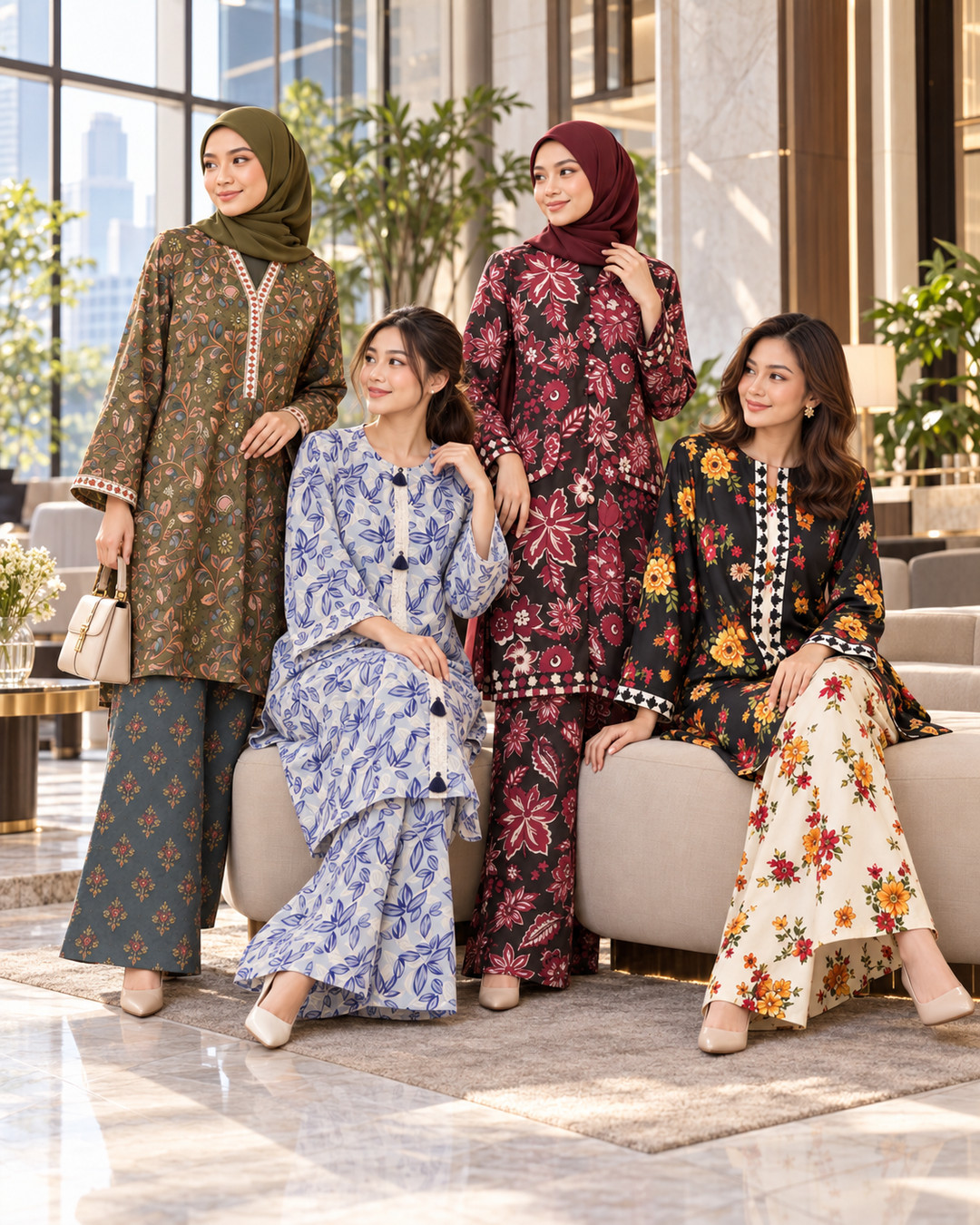 Women in printed sets in an elegant hotel lobby