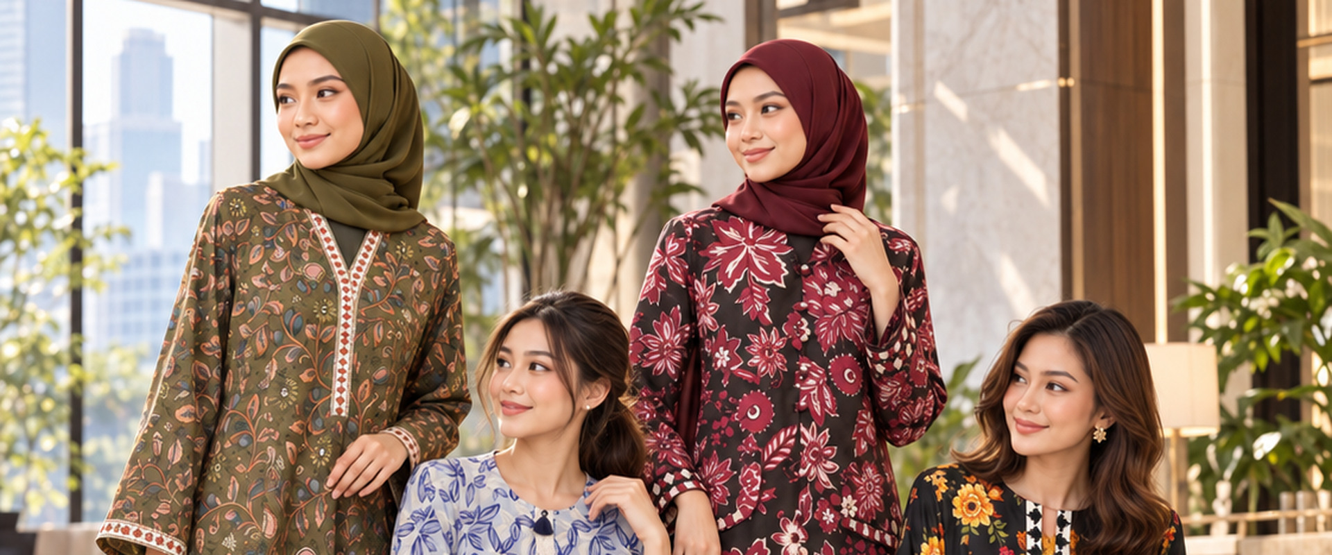 Women in printed sets in an elegant hotel lobby