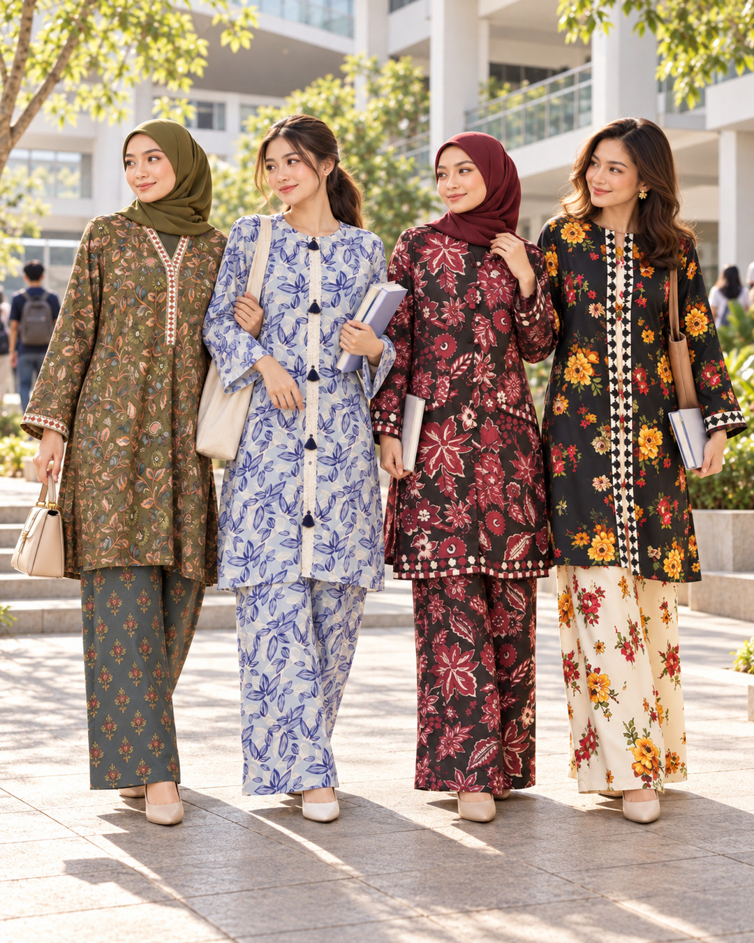 Young women together on campus in printed modest sets