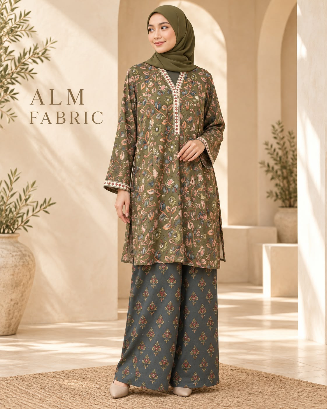 Model wearing an olive green floral top with dark printed wide-leg trousers