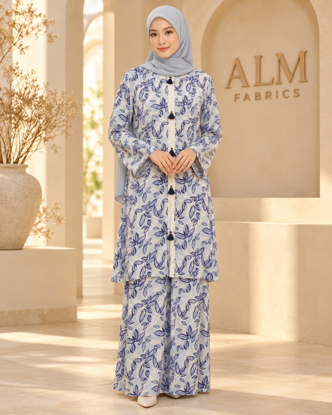 Model wearing a light blue and white botanical print modest set