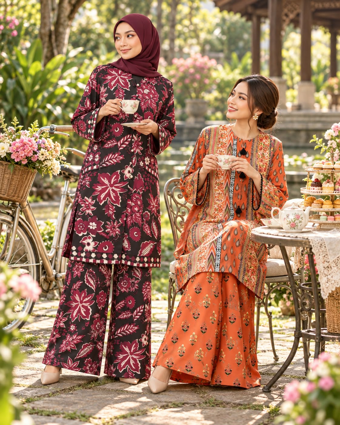 Two women enjoying tea in a garden in printed sets