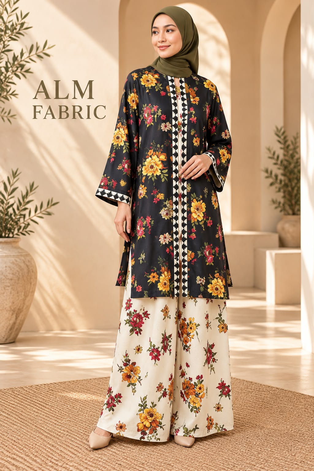 Model wearing a black top with golden yellow florals and cream floral trousers