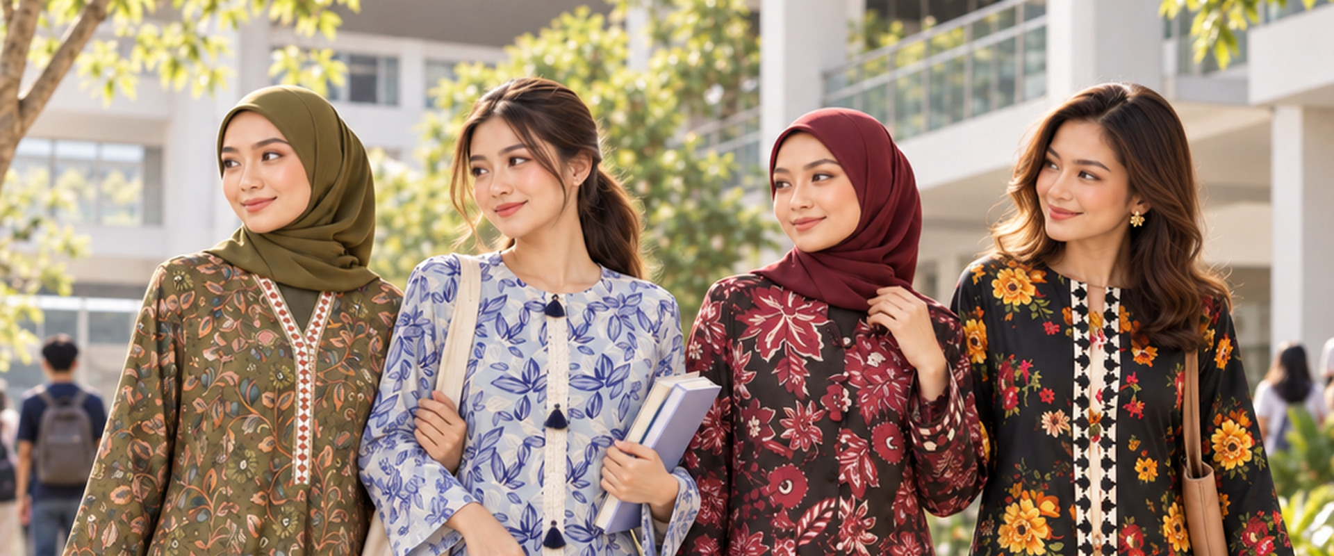 Young women together on campus in printed modest sets