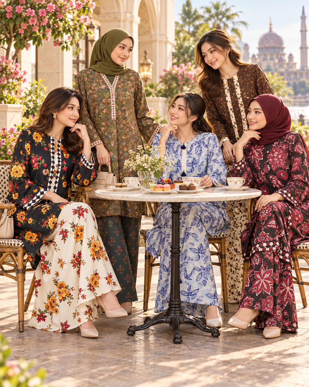 Friends sharing tea in a garden wearing printed sets