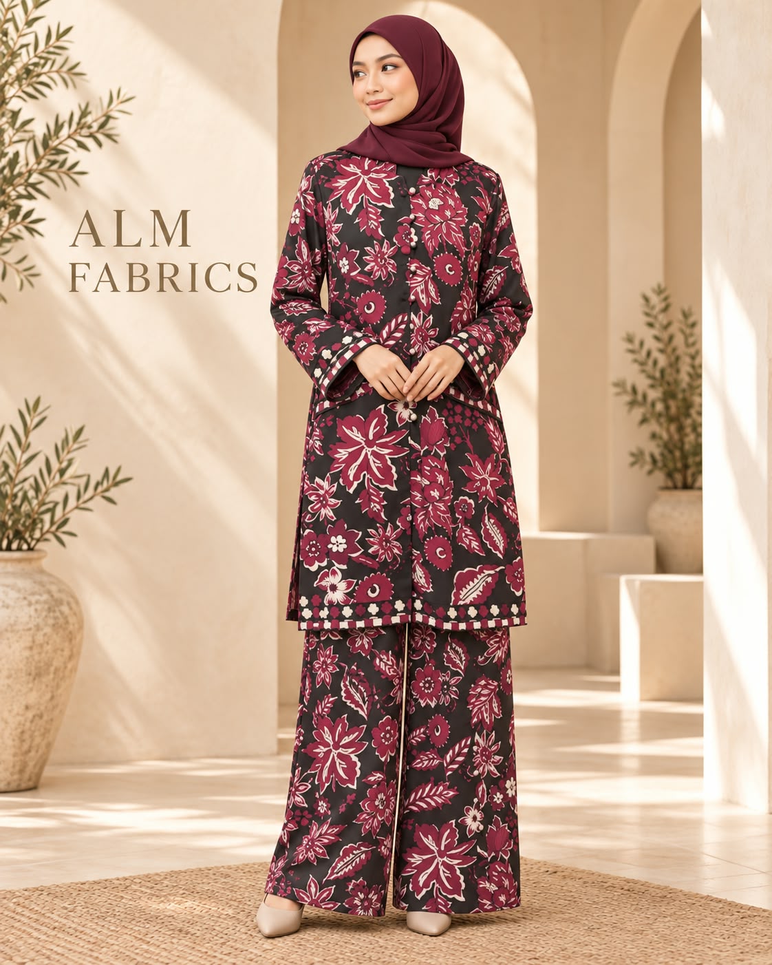 Model wearing a black modest set with bold burgundy botanical print