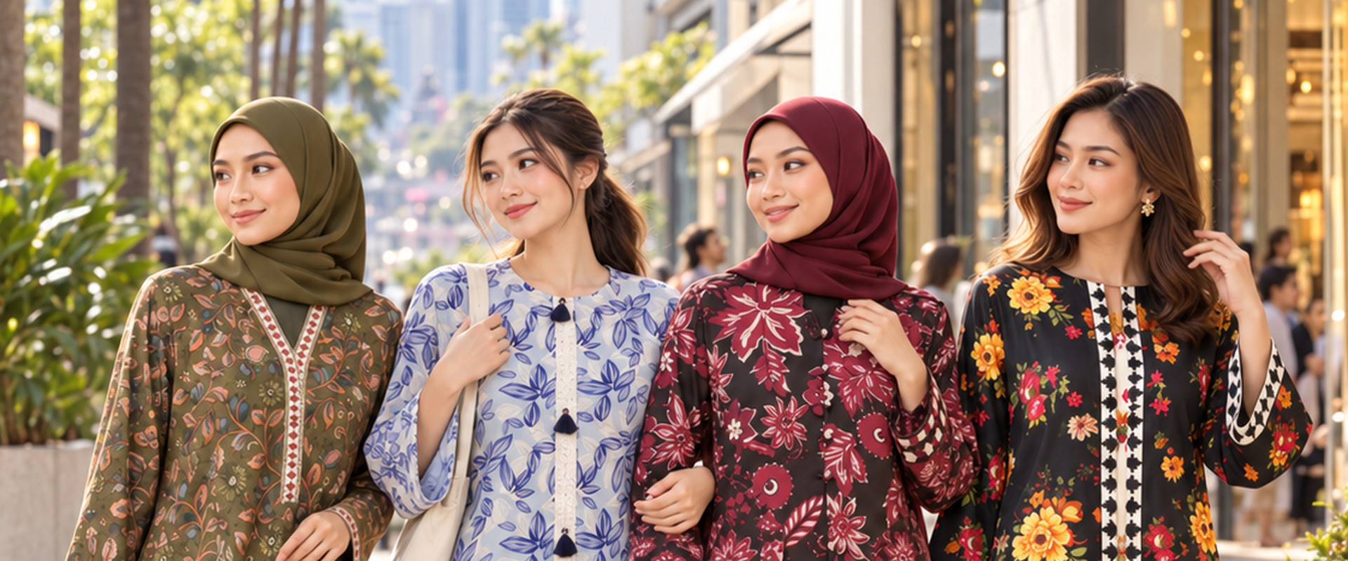 Four women in printed modest sets walking through the city