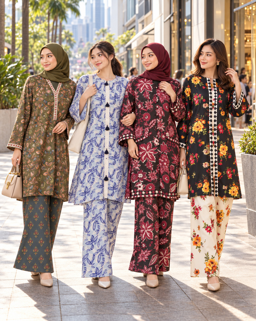 Four women in printed modest sets walking through the city