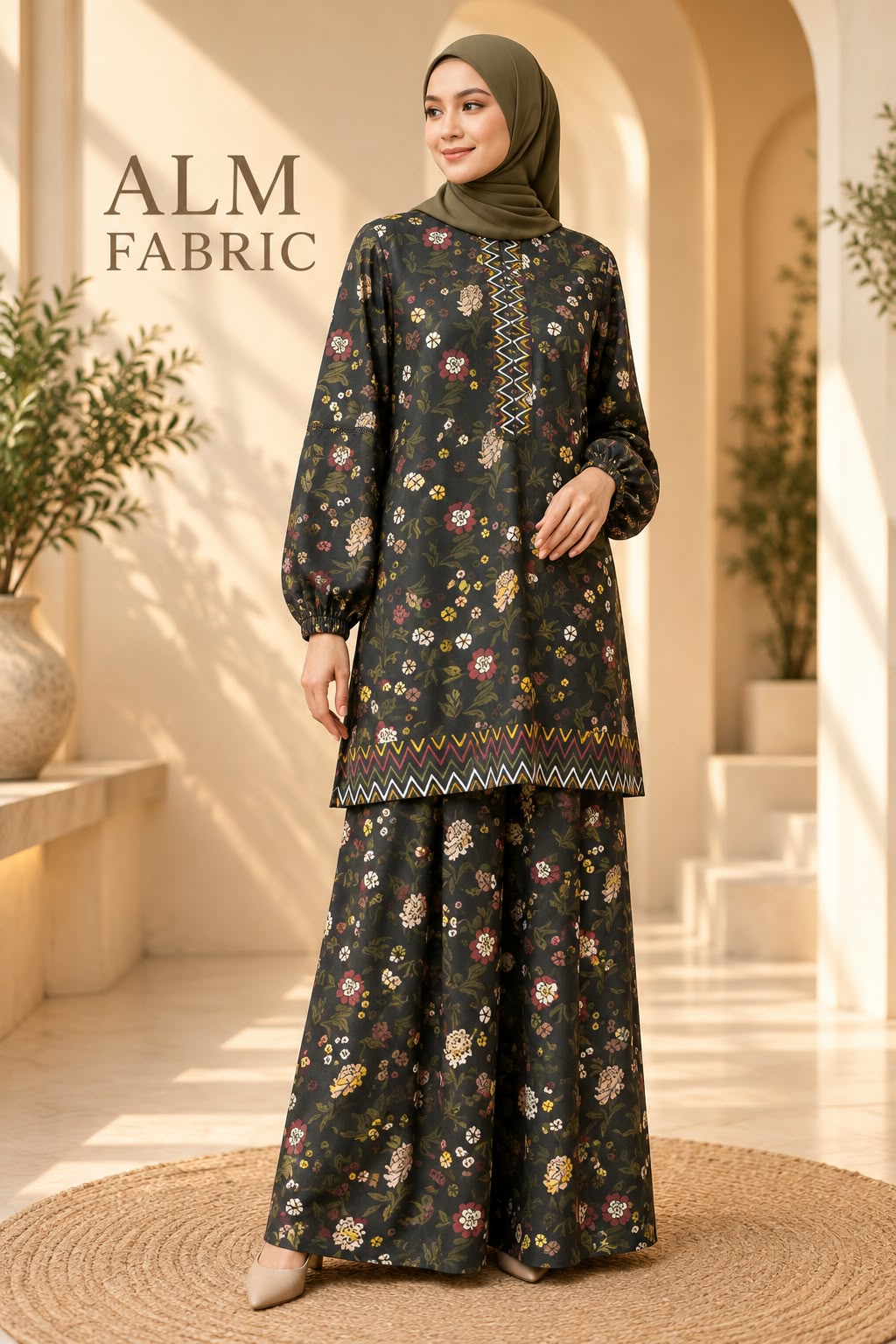 Model wearing a dark floral modest set with zigzag trim detail